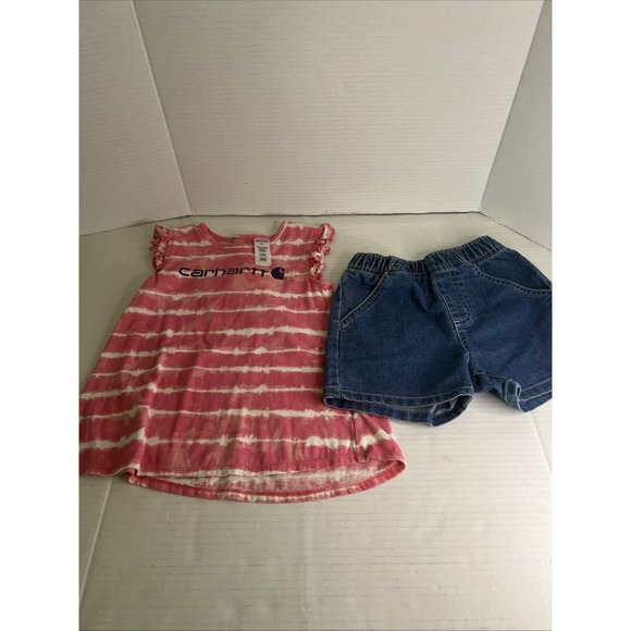 Girls Pink Carhartt Outfit Set Tie‎ Dye Shirt Denim Shorts 4T - Picture 1 of 12
